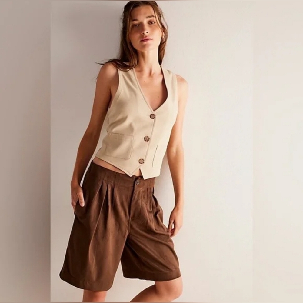 Free People We The Free Straight On Suede Shorts Chestnut - Picture 5 of 9